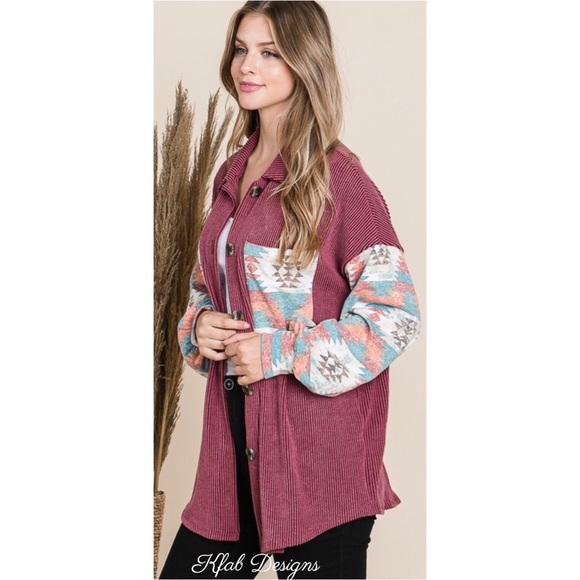 ❤️LAST! Wine Aztec Contrast Plush Oversized Button Up Jacket! - Picture 9 of 11
